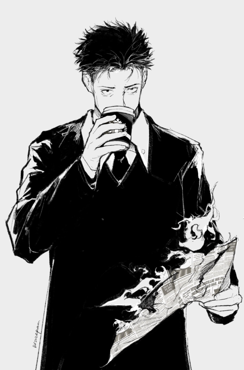 1boy burning collared_shirt cup formal greyscale hand_up highres higuruma_hiromi holding holding_cup holding_newspaper holding_paper jacket jujutsu_kaisen kikikiki_(d_pamdiaze) long_sleeves looking_at_viewer male_focus monochrome necktie newspaper paper shirt short_hair simple_background solo suit