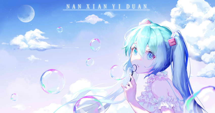 1girl alternate_costume aqua_eyes aqua_hair arm_cuffs artist_name blue_sky bubble bubble_blowing bubble_wand clouds commentary_request frilled_shirt frills gradient_sky hatsune_miku highres looking_at_viewer looking_back moon nanxianyiduan outdoors pink_sky shaded_face shirt sidelocks sky sleeveless sleeveless_shirt solo twintails upper_body vocaloid white_shirt