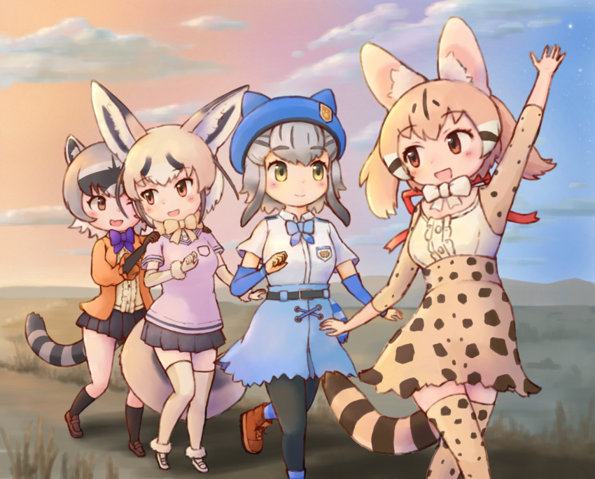 4girls animal_ears blonde_hair bow bowtie brown_eyes brown_hair cardigan crab-eating_raccoon_(kemono_friends) elbow_gloves extra_ears gloves grey_hair hat highres hikari_(kemono_friends) kemono_friends kemono_friends_3 kneehighs large-spotted_genet_(kemono_friends) multiple_girls nature outdoors pantyhose ribbon rueppell's_fox_(kemono_friends) shirt shoes skirt socks tail yellow_eyes zzz_ansh