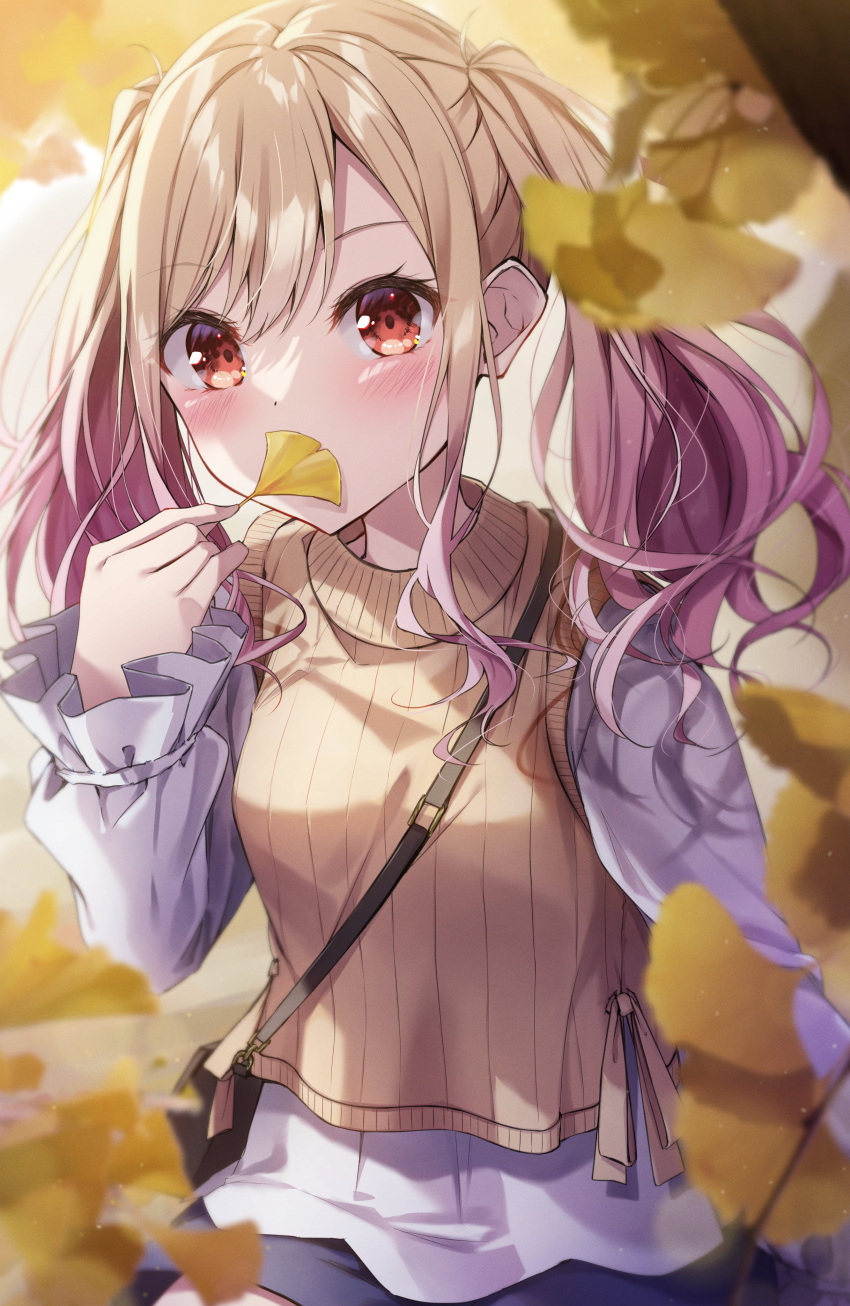 1girl absurdres autumn autumn_leaves bag blonde_hair blush brown_bag colored_tips covering_mouth dot_nose frilled_sleeves frills gradient_hair handbag highres holding holding_leaf leaf long_hair long_sleeves looking_at_viewer multicolored_hair orange_eyes pink_hair project_sekai solo sweater_vest tenma_saki twintails yashin yellow_sweater_vest