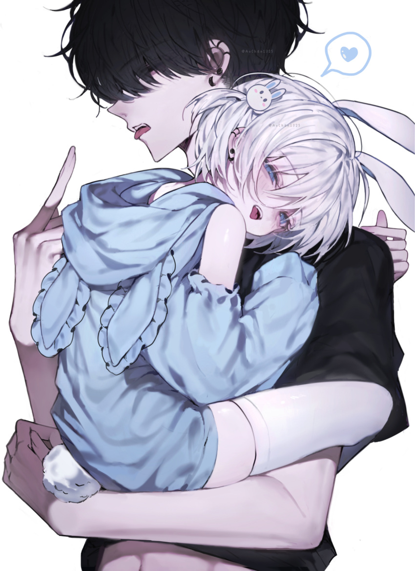 1boy 1girl age_difference animal_ears animal_hood aochan_1325 bare_shoulders black_eyes black_hair black_shirt blue_eyes blue_hoodie carrying carrying_person commentary_request couple detached_sleeves ear_piercing earrings hair_ornament heart hetero highres hood hoodie hug jewelry leg_lock middle_finger navel open_mouth original piercing rabbit_ears rabbit_hair_ornament rabbit_hood rabbit_tail ringed_eyes shirt short_hair smile spoken_heart t-shirt tail thigh-highs tongue tongue_out upper_body white_hair white_thighhighs yami_kawaii