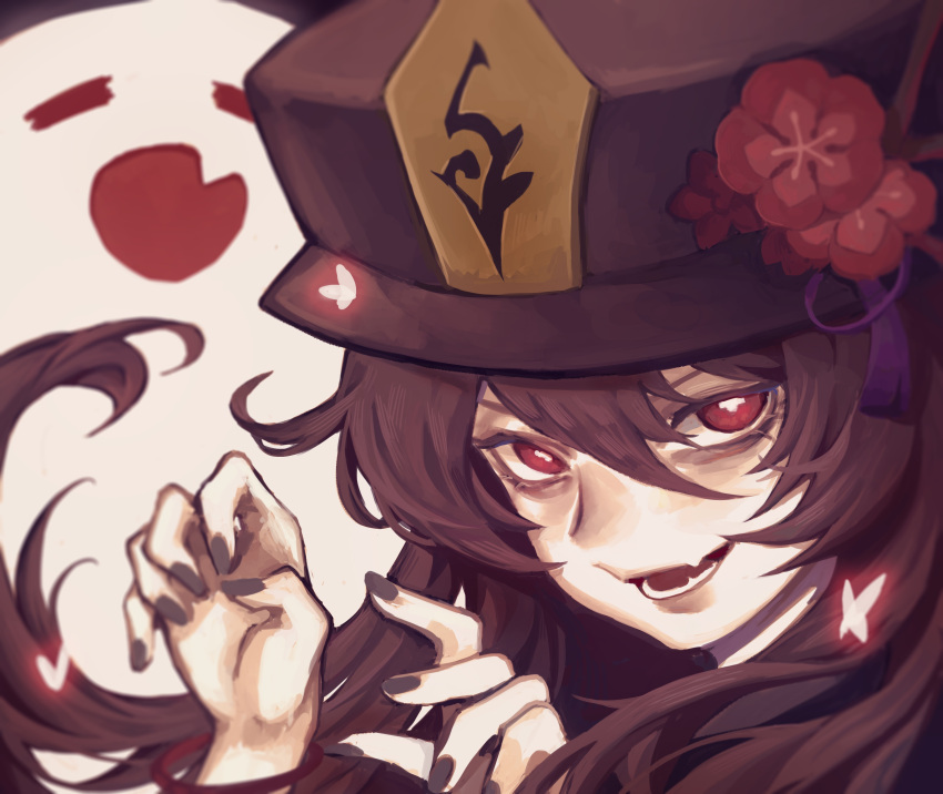 1girl absurdres black_nails boo_tao_(genshin_impact) bright_pupils brown_hair brown_headwear chaosheng64992 chinese_commentary commentary_request cross-shaped_pupils fangs flower genshin_impact ghost ghost_pose hair_between_eyes hands_up hat hat_flower highres hu_tao_(genshin_impact) long_hair looking_at_viewer nail_polish open_mouth porkpie_hat portrait red_eyes smirk solo symbol-shaped_pupils tassel white_pupils