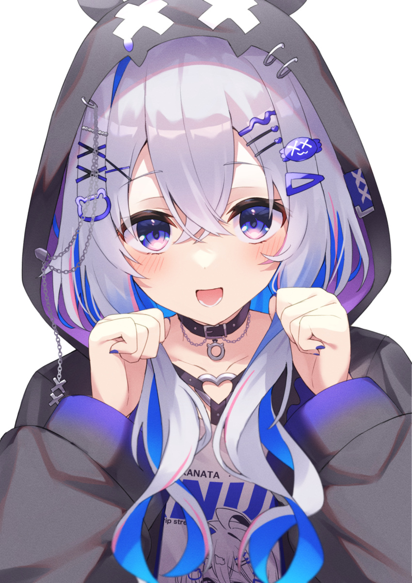 1girl :d amane_kanata amane_kanata_(6th_costume) animal_hood bear_hair_ornament black_collar black_jacket blue_hair blue_nails blush character_hair_ornament chest_harness collar colored_inner_hair fragir grey_hair hair_ornament hairclip harness heart_o-ring highres hololive hood hooded_jacket jacket long_hair long_sleeves looking_at_viewer multicolored_hair nail_polish o-ring o-ring_harness official_alternate_costume official_alternate_hairstyle open_clothes open_jacket open_mouth pink_hair print_shirt punk shirt sidelocks smile solo streaked_hair upper_body violet_eyes virtual_youtuber w_arms wavy_hair white_shirt x_hair_ornament