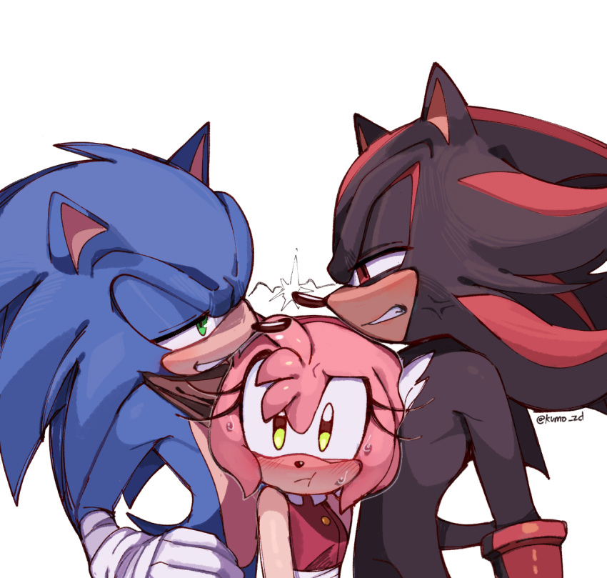 :t amy_rose anger_vein angry animal_ears artist_name black_fur blush boy_sandwich clenched_hand clenched_teeth commentary dress gloves green_eyes hairband hedgehog hedgehog_boy hedgehog_ears hedgehog_girl hedgehog_tail highres kumo_zd looking_at_another multicolored_fur pink_fur red_dress red_eyes red_fur red_hairband sandwiched shadow_the_hedgehog simple_background sleeveless sleeveless_dress sonic_(series) sonic_boom_(game) sonic_the_hedgehog sweatdrop symbol-only_commentary tail teeth white_background