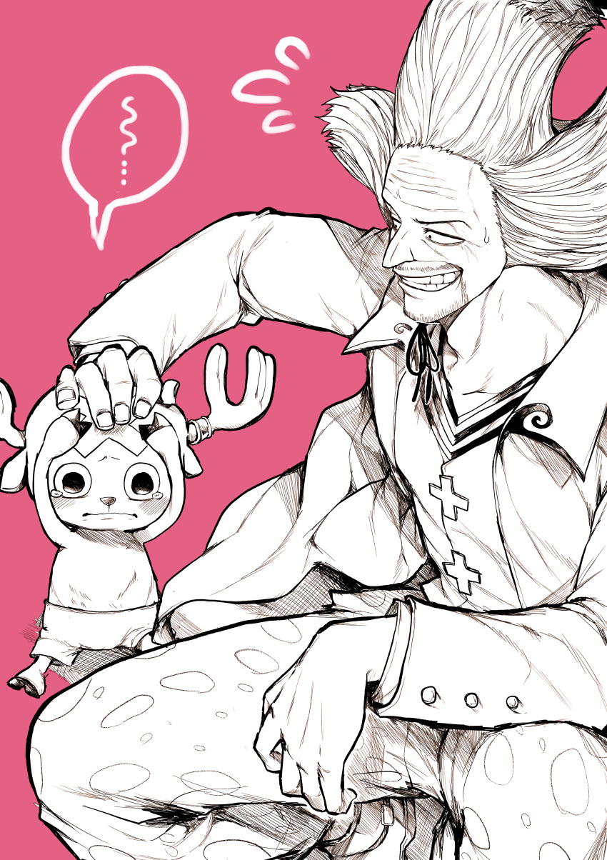 ... 2boys absurdres animal_ears antlers black_eyes blush closed_mouth crying crying_with_eyes_open dr._hiluluk facial_hair greyscale_with_colored_background hand_on_another's_head highres horns looking_at_another male_focus multiple_boys one_piece pink_background reindeer_antlers short_hair smile speech_bubble stubble tears teeth tony_tony_chopper white_hair yotsumi_shiro
