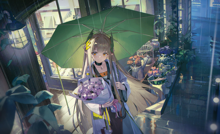 1girl absurdres arknights ash-c birdcage black_pants blunt_ends bouquet cage chinese_commentary coat commentary_request flower green_umbrella highres holding holding_bouquet holding_umbrella infection_monitor_(arknights) lab_coat lantern laurel_crown light_brown_hair long_hair long_sleeves looking_at_viewer mole mole_under_eye muelsyse_(arknights) orange_eyes outdoors pants pink_flower pink_rose plant pointy_ears rain red_flower reflection rose shirt smile solo umbrella white_coat white_shirt window