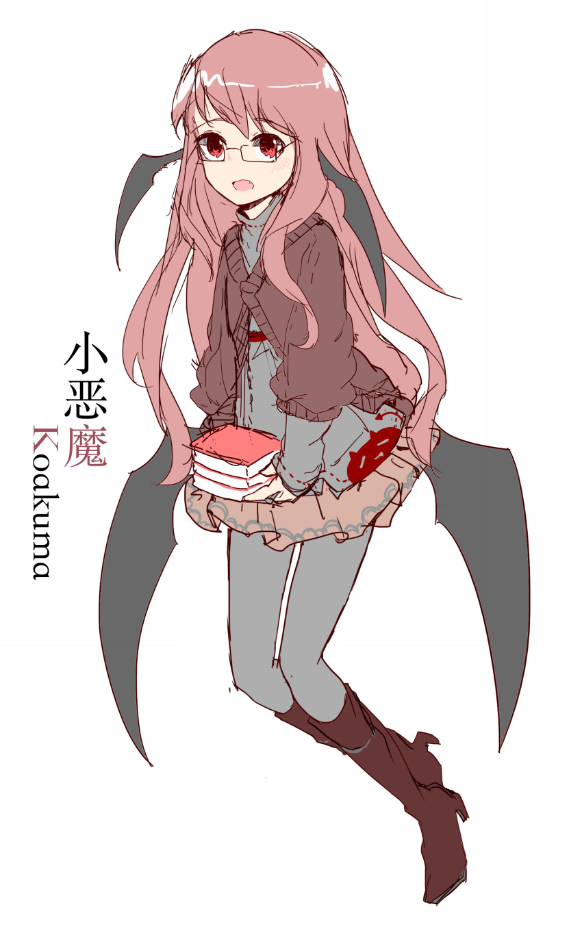 1girl absurdres alternate_costume bat_wings bespectacled black_wings book book_stack boots brown_footwear casual character_name contemporary dark_skin full_body glasses grey_pantyhose grey_shirt head_wings highres holding holding_book koakuma long_hair looking_at_viewer makihako_bunko open_mouth pantyhose pink_hair red_eyes red_sweater shirt solo sweater touhou wings