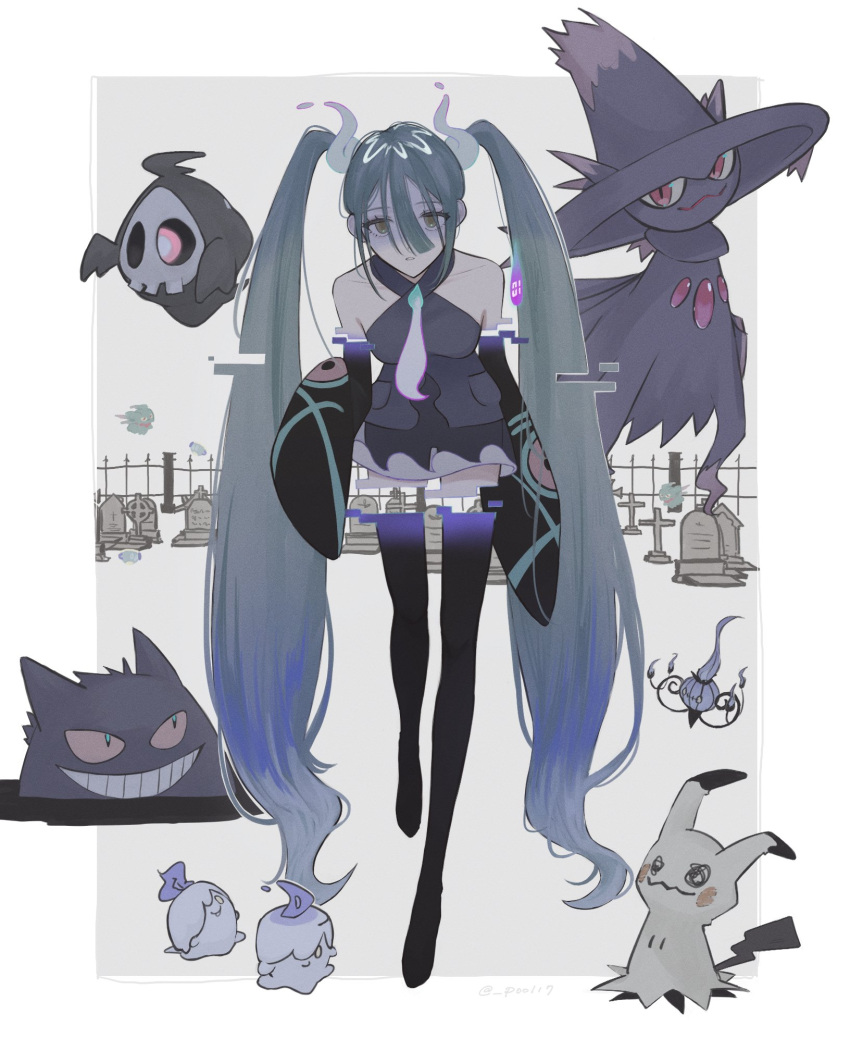 1girl aqua_hair black_thighhighs chandelure cross detached_sleeves duskull fire floating gengar ghost ghost_miku_(project_voltage) glitch gradient_hair graveyard grey_shirt hair_between_eyes hatsune_miku highres litwick looking_at_viewer mimikyu misdreavus mismagius multicolored_hair necktie pale_skin parted_lips pokemon pokemon_(creature) pool17 project_voltage red_eyes see-through see-through_skirt shirt sinistea skirt sleeves_past_fingers sleeves_past_wrists thigh-highs tombstone twintails vocaloid will-o'-the-wisp_(mythology) yellow_eyes