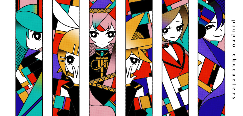 2boys 4girls abstract_background aqua_hair bare_arms black_sailor_collar black_shirt black_sleeves blonde_hair blue_hair blue_scarf brown_hair closed_mouth colored_skin colorful commentary cropped_shirt detached_sleeves english_commentary hair_ornament hair_over_one_eye hairclip halftone hand_up hatsune_miku kagamine_len kagamine_rin kaito_(vocaloid) long_hair looking_at_viewer machigami_yoh megurine_luka meiko_(vocaloid) multiple_boys multiple_girls piapro pink_hair red_shirt sailor_collar scarf shirt short_hair smile straight-on upper_body vocaloid white_skin