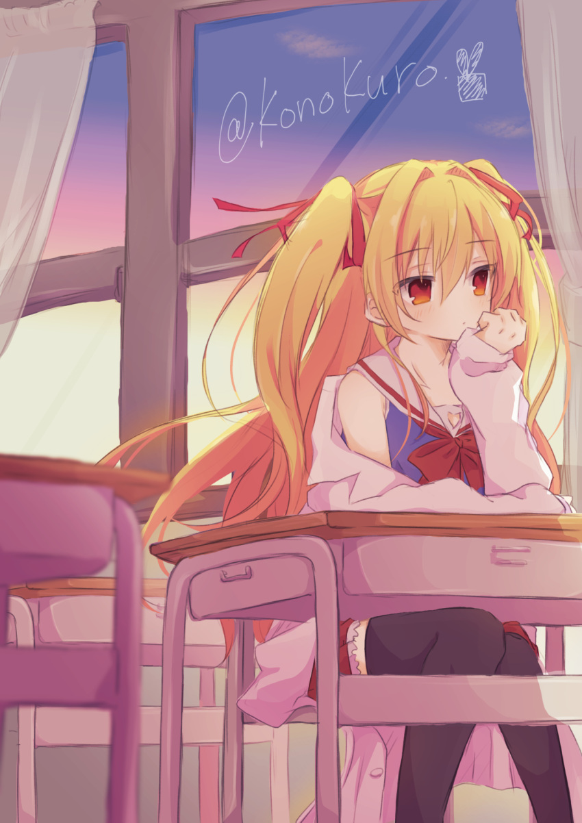 1girl black_thighhighs blonde_hair blue_shirt bow cardigan chair classroom closed_mouth commentary_request commission curtains desk dusk expressionless eyes_visible_through_hair floating_hair frilled_skirt frills hair_between_eyes hair_intakes hair_ribbon hand_up head_rest highres indoors irotoridori_no_sekai konoquro long_hair looking_afar miniskirt nikaidou_shinku off_shoulder on_chair open_cardigan open_clothes red_bow red_eyes red_ribbon red_skirt ribbon sailor_collar school_chair school_desk school_uniform serafuku shirt sitting skeb_commission skirt sleeveless sleeveless_shirt sleeves_past_wrists solo thigh-highs twitter_username two_side_up very_long_hair white_cardigan white_sailor_collar window zettai_ryouiki