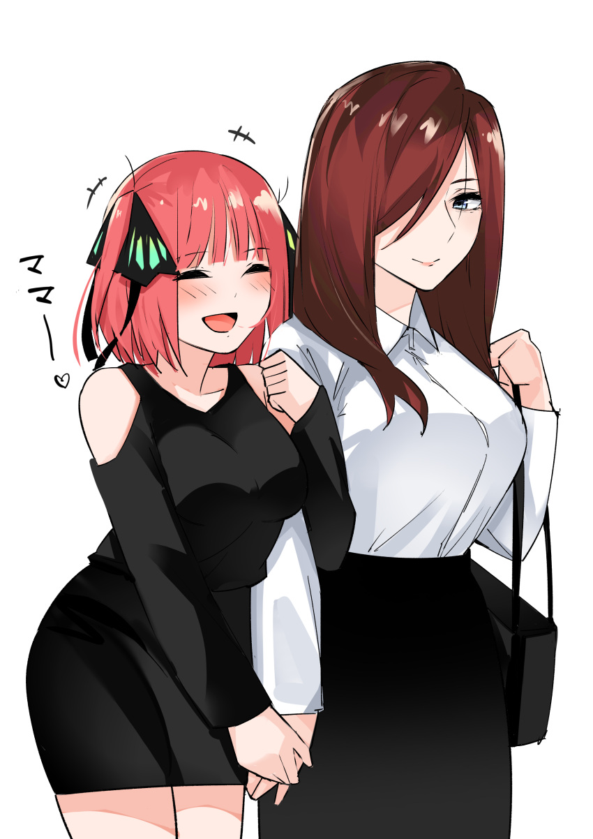2girls :d ^_^ absurdres bag bare_shoulders black_bag black_ribbon black_shirt black_skirt blue_eyes blunt_bangs blush breasts brown_hair butterfly_hair_ornament closed_eyes closed_mouth commentary_request cowboy_shot dress_shirt go-toubun_no_hanayome hair_ornament hair_over_one_eye hair_ribbon hand_up handbag happy heart highres holding_hands large_breasts lips long_hair long_sleeves looking_at_another mame1645 medium_hair miniskirt mother_and_daughter multiple_girls nakano_nino nakano_rena one_eye_covered open_mouth pencil_skirt redhead ribbon shirt skirt smile standing straight_hair two_side_up white_shirt