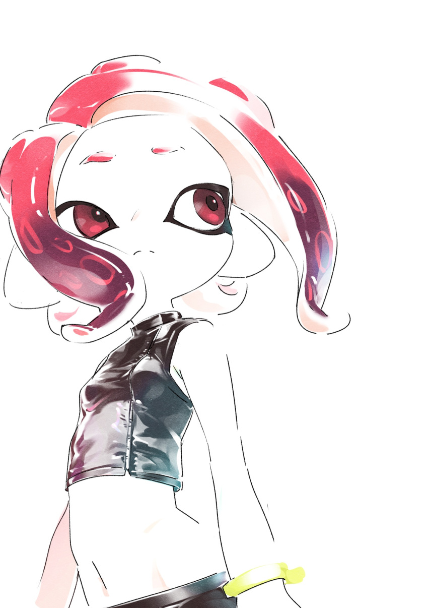 1girl agent_8_(splatoon) breasts closed_mouth frown groin highres medium_hair navel octoling octoling_girl red_eyes redhead simple_background small_breasts solo splatoon_(series) splatoon_2 splatoon_2:_octo_expansion split_mouth suction_cups tenshinhannnn tentacle_hair white_background zipper