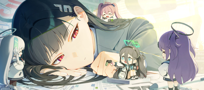 5girls absurdres aris_(blue_archive) black_hair black_pantyhose black_socks blue_archive blue_eyes blue_necktie blush blush_stickers bright_pupils chibi closed_eyes collared_shirt controller fang game_controller green_halo grey_hair hair_ornament hair_spread_out hairclip hairpin halo handheld_game_console headphones highres holding holding_controller holding_game_controller holding_handheld_game_console jacket koyuki_(blue_archive) long_hair long_sleeves mechanical_halo mincho mini_person minigirl multiple_girls necktie nintendo_switch noa_(blue_archive) open_mouth pantyhose parted_lips pink_hair purple_hair red_eyes red_halo redhead ringed_eyes rio_(blue_archive) school_uniform seminar_(blue_archive) shirt shoes size_difference skin_fang smile socks suit twintails two-sided_fabric two-sided_jacket two_side_up very_long_hair white_footwear white_jacket white_pupils white_shirt yuuka_(blue_archive)