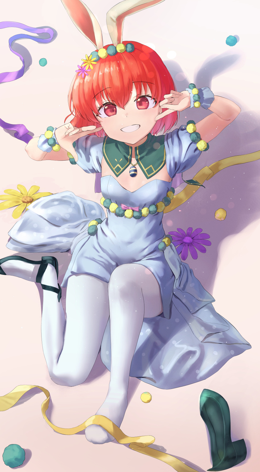 1girl absurdres animal_ears dress fake_animal_ears fire_emblem fire_emblem:_mystery_of_the_emblem fire_emblem:_shadow_dragon fire_emblem_heroes full_body green_footwear grin hair_between_eyes highres looking_at_viewer maria_(fire_emblem) maria_(spring)_(fire_emblem) mimi_(mimi_ganbaruzo) official_alternate_costume pantyhose puffy_short_sleeves puffy_sleeves rabbit_ears red_eyes redhead shadow shoes short_hair short_sleeves smile solo white_pantyhose
