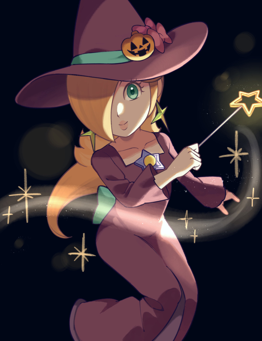1girl absurdres aqua_eyes black_background blonde_hair bow brooch closed_mouth collarbone dress earrings hair_over_one_eye hat hat_bow highres holding holding_wand jack-o'-lantern_hat_ornament jewelry long_hair long_sleeves looking_at_viewer mario_kart mario_kart_tour official_alternate_costume purple_dress purple_headwear rosalina rosalina_(halloween) sasaki_sakiko smile solo star_(symbol) star_brooch star_earrings super_mario_bros. wand witch witch_hat