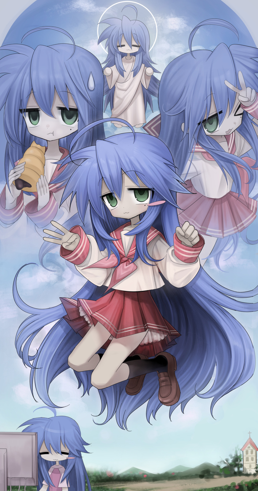 1girl :3 =_= absurdres ahoge angel black_socks blue_hair blush_stickers brown_footwear chocolate_cornet church clenched_hand closed_eyes closed_mouth computer dot_nose food green_eyes halo highres holding holding_food izumi_konata jumping kneehighs light_blush long_hair long_sleeves looking_at_viewer lucky_star meyou_0319 midair mole mole_under_eye monitor mountainous_horizon multiple_views neckerchief open_mouth outdoors pale_skin pink_neckerchief pink_shirt red_sailor_collar road robe ryouou_school_uniform sailor_collar school_uniform serafuku shirt shoes short_sleeves skirt sky sleeve_cuffs smile socks sweatdrop v very_long_hair white_robe white_shirt wide_sleeves winter_uniform
