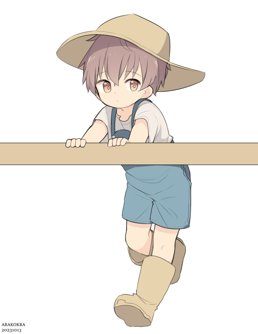 1boy arakokra artist_name boots brown_footwear child closed_mouth dated farmer hat highres male_focus original overalls short_hair short_sleeves simple_background solo straw_hat white_background