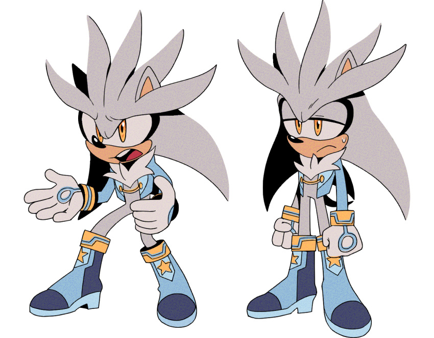 1boy alternate_universe animal_ears animal_nose blue_footwear blue_jacket boots clenched_hands closed_mouth commentary english_commentary full_body furry furry_male gloves half-closed_eyes jacket male_focus olivashko open_mouth silver_the_hedgehog simple_background sonic_(series) standing sweat the_murder_of_sonic_the_hedgehog transparent_background white_gloves yellow_eyes