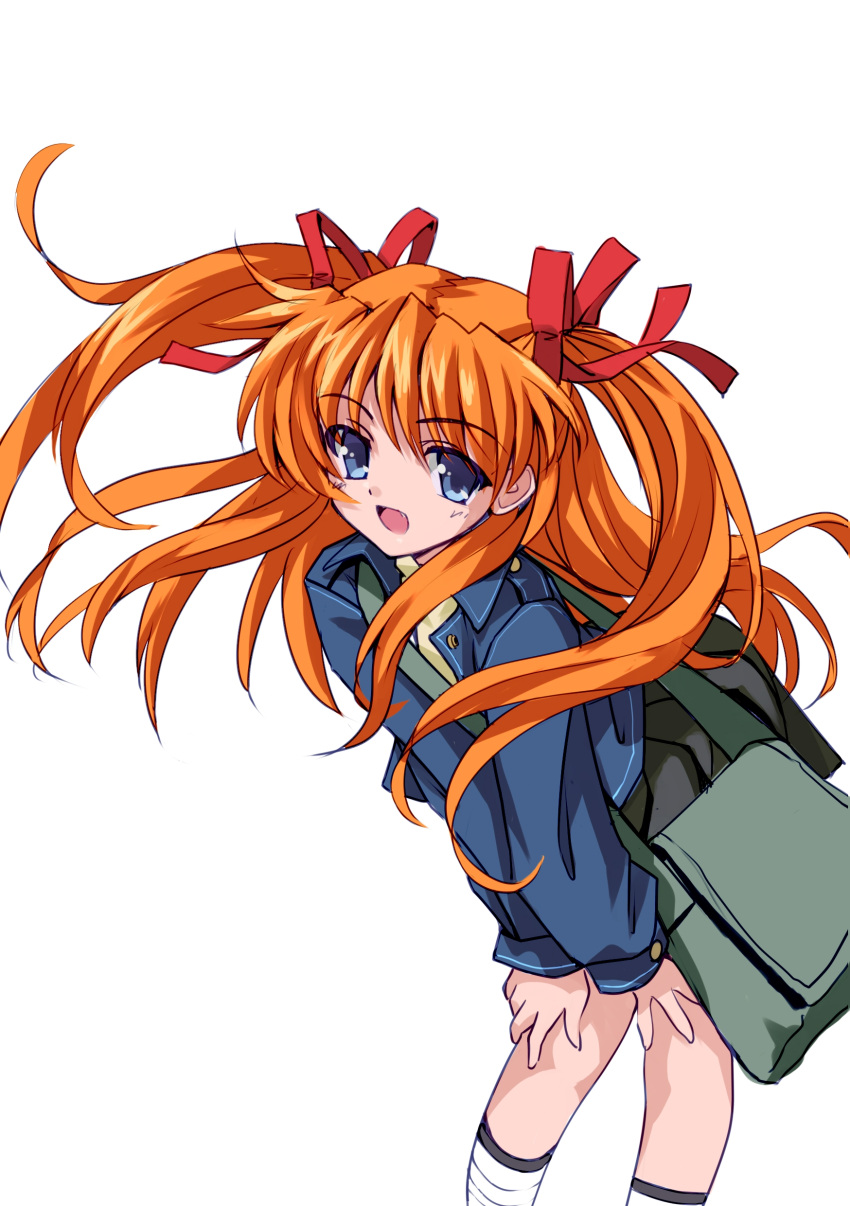 1girl :d absurdres bag black_skirt blue_eyes blue_jacket casual commentary eyes_visible_through_hair feet_out_of_frame floating_hair hair_between_eyes hair_ribbon handbag hands_on_own_thighs highres jacket kanon kneehighs leaning_forward long_hair long_sleeves longmei_er_de_tuzi looking_at_viewer miniskirt open_mouth orange_hair red_ribbon retro_artstyle ribbon sawatari_makoto sidelocks simple_background skirt smile socks solo standing twintails two_side_up white_background white_socks