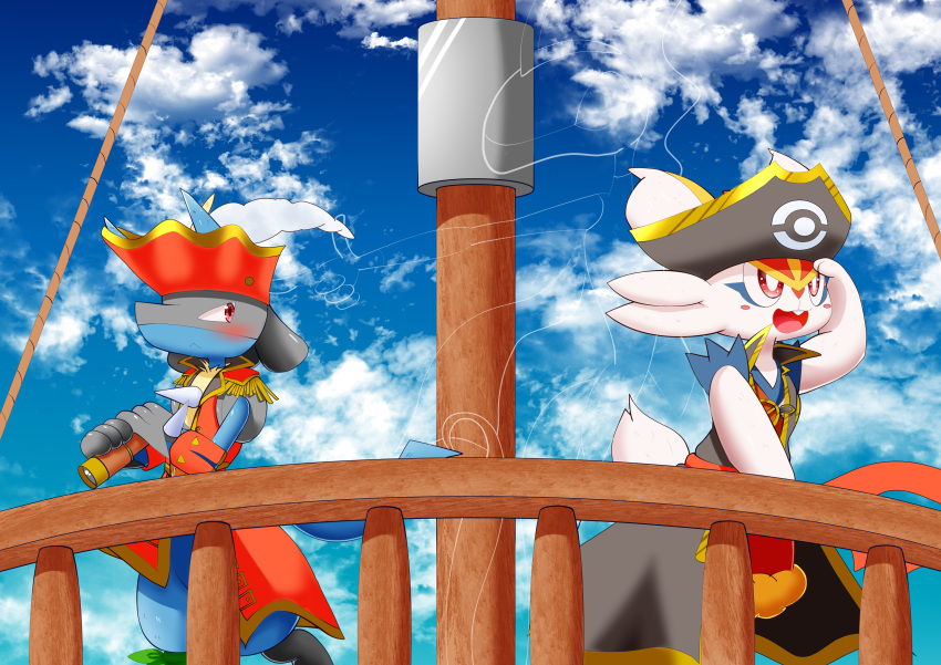 2others absurdres blue_fur blue_sky body_fur cinderace cinderace_(captain) clothed_pokemon furry hat highres holding_telescope lucario lucario_(captain) multiple_others pirate_costume pirate_hat pirate_ship pokemon pokemon_(creature) pokemon_(game) pokemon_unite red_eyes red_fur sky spikes telescope white_fur wind wooden_railing yellow_fur