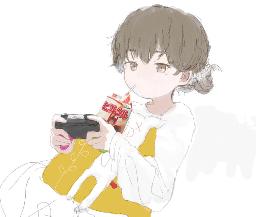 1girl alternate_costume alternate_hairstyle brown_eyes brown_hair carton character_request controller drinking drinking_straw expressionless game_controller hair_bun hair_ornament hair_scrunchie hatoba_tsugu highres holding holding_controller holding_game_controller hugging_object long_sleeves looking_at_viewer mole mole_under_eye nintendo_switch_pro_controller nissin photo_inset pig pillow pillow_hug real_life scrunchie simple_background single_hair_bun solo takekumo tsugu_(vtuber) virtual_youtuber white_background x_x