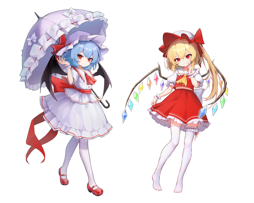 2girls absurdres arm_up ascot back_bow bat_wings blonde_hair blue_hair bow buttons cho_kagaku_no_rei_kyoju closed_mouth collared_shirt crystal flandre_scarlet frilled_shirt_collar frilled_skirt frilled_sleeves frilled_umbrella frills hat hat_bow hat_ribbon head_tilt highres holding holding_umbrella large_bow long_hair looking_at_viewer mary_janes mob_cap multicolored_wings multiple_girls no_shoes one_side_up puffy_short_sleeves puffy_sleeves purple_umbrella red_ascot red_bow red_eyes red_footwear red_ribbon red_skirt red_vest remilia_scarlet ribbon shirt shoes short_sleeves siblings simple_background sisters skirt skirt_set sleeve_ribbon thigh-highs touhou umbrella vest white_background white_bow white_headwear white_shirt white_skirt white_thighhighs wings wrist_cuffs yellow_ascot