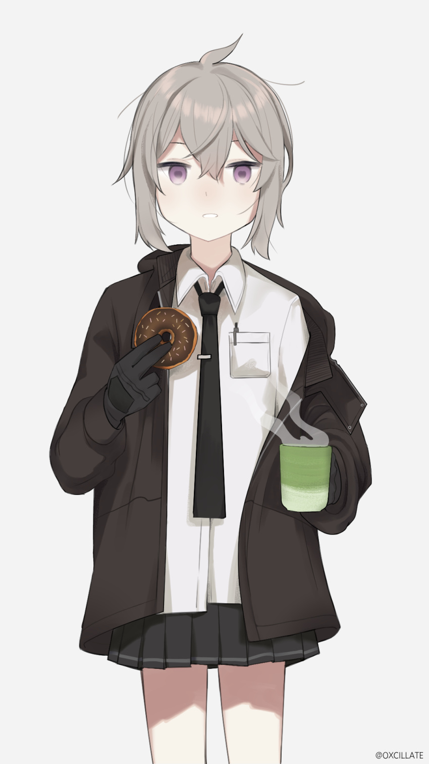 ahoge artist_request black_gloves coffee coffee_cup cup disposable_cup doughnut food girls_frontline gloves green_eyes highres jacket m200_(girls'_frontline) miniskirt open_clothes open_jacket oxcillate pen pocket secret-sky shirt skirt tie_clip white_background white_shirt