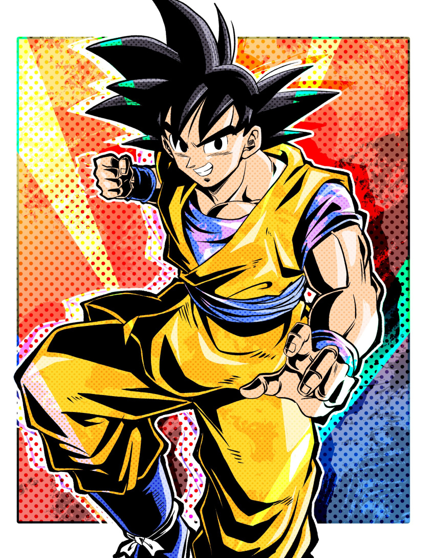 1boy absurdres black_hair clenched_hand commentary commentary_request dougi dragon_ball dragon_ball_daima grin highres muscular muscular_male pectorals smile solo son_goku teeth ushi_(akabec0)