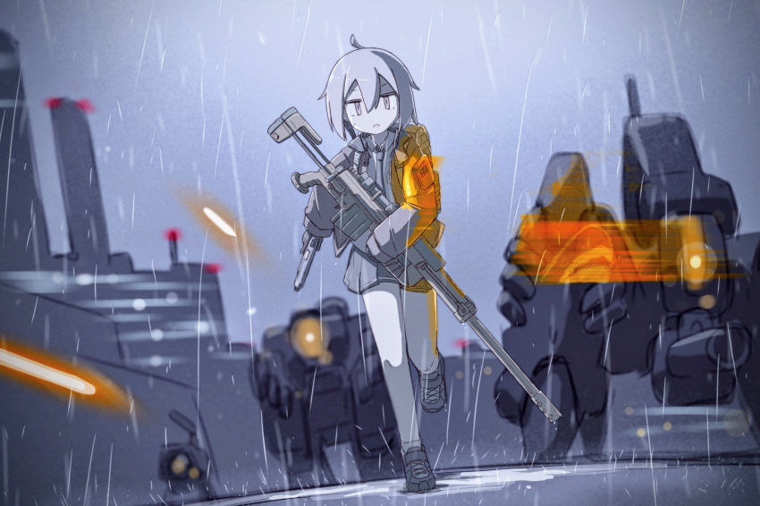 1girl 3others ahoge ankle_socks battlefield_(series) battlefield_4 blue_theme bolt_action cheytac_m200 cross dinergate_(girls'_frontline) dutch_angle english_commentary girls_frontline gun hair_between_eyes handgun highres holding holding_weapon jacket lens_flare long_sleeves looking_at_viewer m200_(girls'_frontline) manticore_(girls'_frontline) medium_hair monochrome multiple_others necktie nemeum_(girls'_frontline) open_mouth player193 pleated_skirt rain rifle running scope shirt shoes skirt sniper_rifle socks trigger_discipline weapon