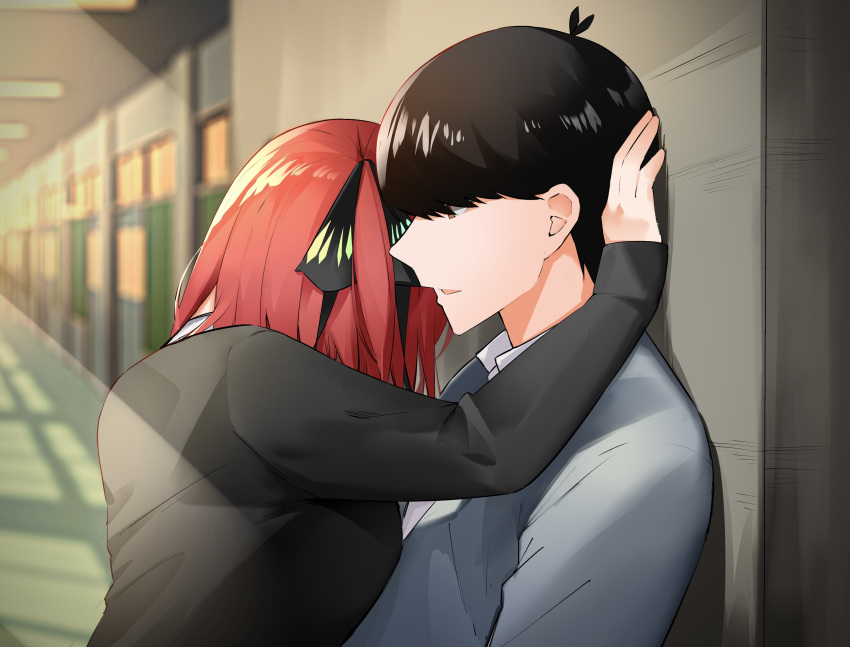 1boy 1girl absurdres antenna_hair black_hair black_sweater blue_sweater blurry blurry_background breast_press breasts brown_eyes butterfly_hair_ornament commentary_request day depth_of_field from_side go-toubun_no_hanayome hair_ornament hand_on_wall hand_up heads_together hetero highres indoors kabedon large_breasts light_rays mame1645 medium_hair nakano_nino nose open_mouth perspective profile redhead school school_uniform short_hair sleeves_past_wrists straight_hair sunbeam sunlight sweater swept_bangs two_side_up uesugi_fuutarou upper_body