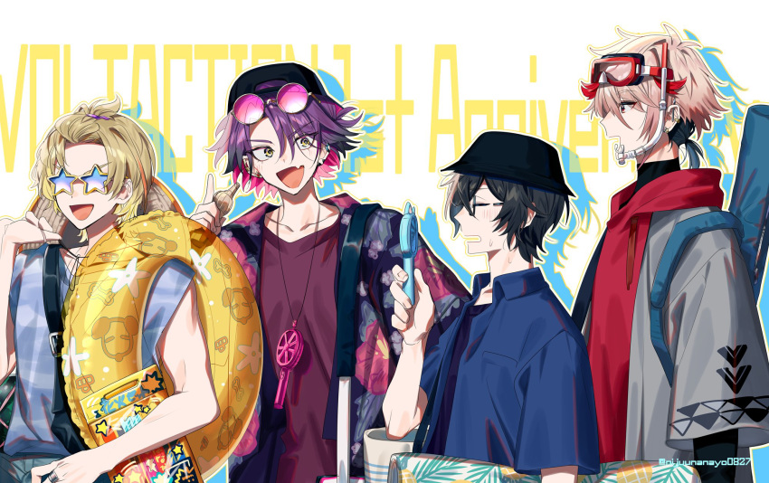 4boys alternate_costume bag baseball_cap black_hair black_headwear black_shirt blonde_hair blue-tinted_eyewear blue_shirt blush brown_headwear bucket_hat closed_eyes colored_inner_hair commentary_request copyright_name drop_shadow fang fanning_self fireworks flipped_hair floral_print from_side fura_kanato glasses goggles grey_jacket grey_pants hand_fan happy hat highres holding holding_fireworks holding_innertube hood hoodie innertube jacket jewelry light_brown_hair looking_at_another miyukiyo multicolored_hair multiple_boys necklace nijisanji open_clothes open_mouth open_shirt outline pants parted_bangs pink-tinted_eyewear pink_hair profile purple_hair purple_shirt red_hoodie seraph_dazzlegarden shikinagi_akira shirt short_ponytail short_sleeves simple_background skin_fang sleeveless sleeveless_shirt smile snorkel star-shaped_eyewear sun_hat sweat tinted_eyewear tongue twitter_username upper_body virtual_youtuber voltaction watarai_hibari white_background yellow_eyes