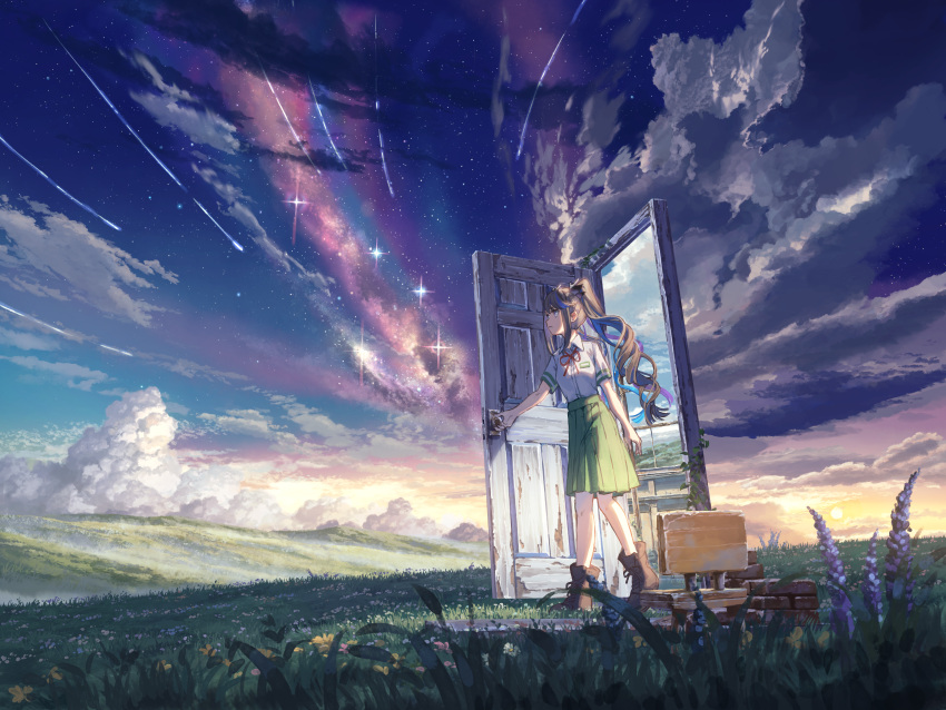 1girl absurdres airi_kanna blue_eyes boots brown_footwear brown_hair chair clouds door drill_hair evening field flower green_skirt highres loafers long_hair looking_at_viewer multicolored_hair open_door opening_door overgrown pleated_skirt reflection ripples ruins scenery school_uniform shijohane shirt shoes shooting_star skirt sky socks solo standing star_(sky) stellive streaked_hair sun suzume's_chair suzume_no_tojimari twintails very_long_hair virtual_youtuber water white_shirt
