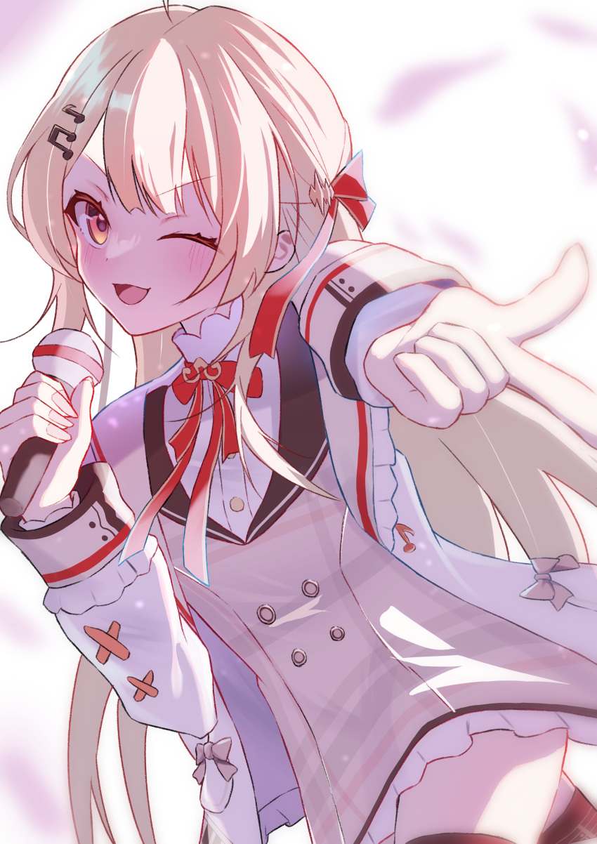 1girl absurdres aonagi_hisame blonde_hair blush brown_dress dress hair_ornament hair_ribbon highres holding holding_microphone hololive hololive_dev_is jacket long_hair looking_at_viewer microphone musical_note musical_note_hair_ornament one_eye_closed otonose_kanade pointing pointing_at_viewer red_eyes red_ribbon ribbon smile solo virtual_youtuber white_jacket