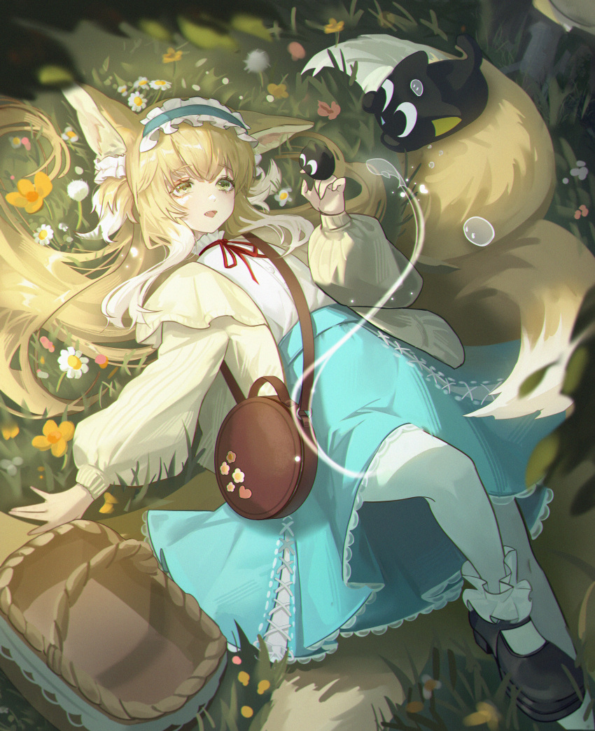 1girl absurdres animal_ear_fluff animal_ears arknights bag basket black_cat black_footwear blonde_hair blue_hairband blue_skirt bobby_socks brown_bag cardigan cat chinese_commentary colored_tips commentary cross-laced_clothes cross-laced_skirt cross-laced_slit crossover fang fox_ears fox_girl fox_tail frilled_hairband frills green_eyes hair_ornament hair_scrunchie hairband heixiu highres kitsune kyaichiko kyuubi long_hair long_sleeves luo_xiaohei luo_xiaohei_zhanji lying mary_janes multicolored_hair multiple_tails neck_ribbon official_alternate_costume on_back on_grass open_cardigan open_clothes open_mouth outdoors puffy_long_sleeves puffy_sleeves red_ribbon ribbon round_bag scrunchie shirt shoes shoulder_bag skirt socks suzuran_(arknights) suzuran_(spring_praise)_(arknights) tail two-tone_hair white_hair white_shirt white_socks yellow_cardigan