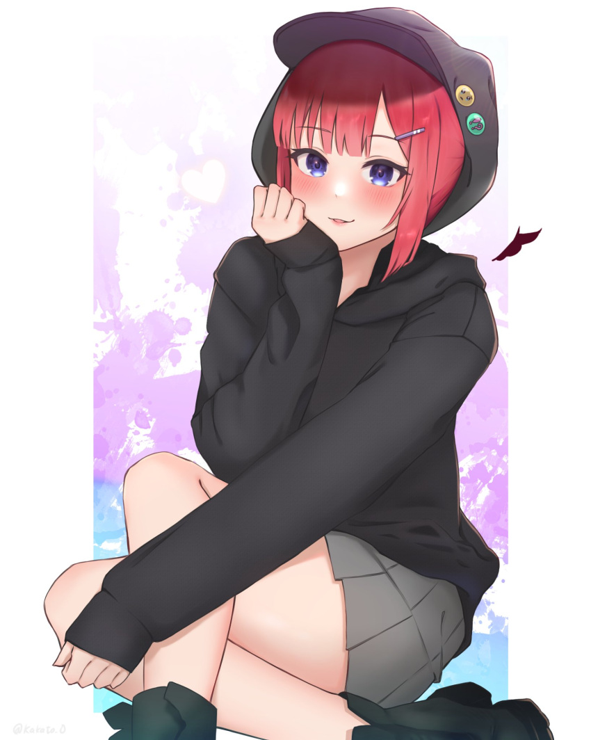 !? 1girl alternate_costume alternate_hairstyle badge black_headwear black_hoodie blue_background blue_eyes blunt_bangs blush boots border button_badge casual commentary_request crossed_legs emoji eyelashes go-toubun_no_hanayome grey_skirt hair_ornament hairclip hand_on_own_cheek hand_on_own_face hand_up heart highres hood hood_up hoodie hugging_own_legs kakato_0 lips looking_at_viewer miniskirt nakano_nino parted_lips pleading_face_emoji pleated_skirt purple_background redhead simple_background skirt sleeves_past_wrists smile solo straight_hair two-tone_background white_border