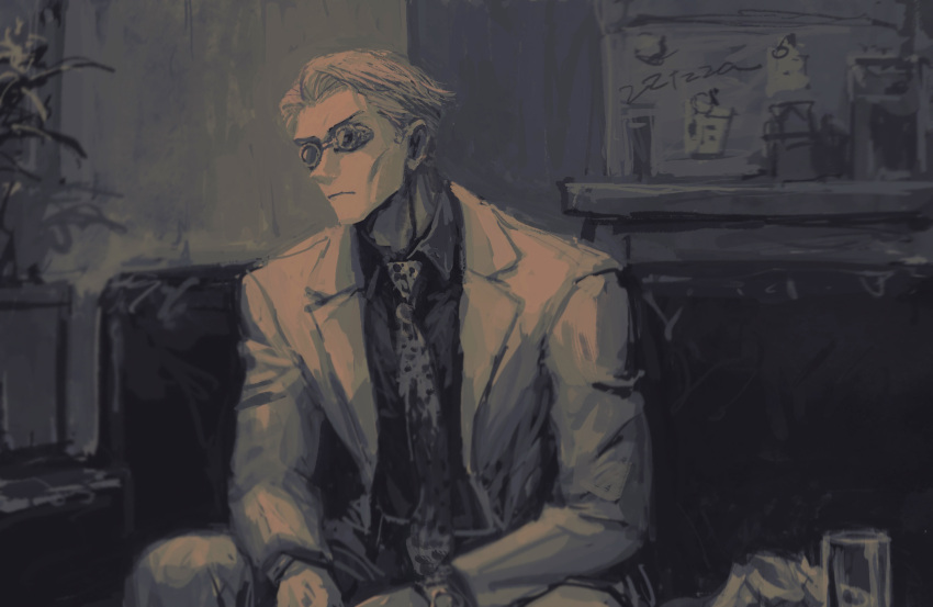 1boy animal_print collared_shirt couch cup drinking_glass goggles greyscale highres jujutsu_kaisen leopard_print long_sleeves male_focus monochrome nanami_kento necktie plant shirt short_hair sitting solo table watch watch zztzza