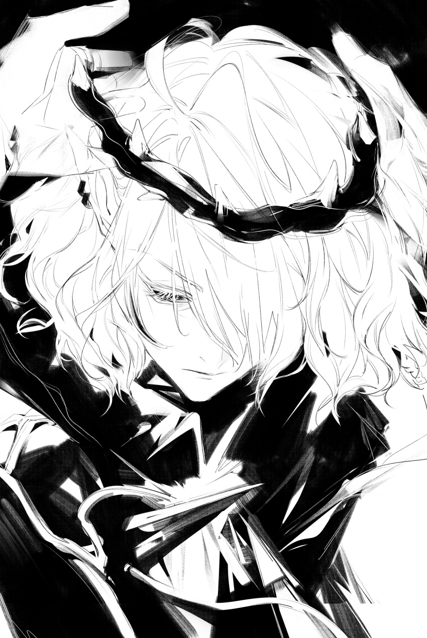 1boy absurdres arknights arms_up chuzenji closed_mouth crown greyscale highres holding holding_crown male_focus monochrome sanguinarch_(arknights) solo