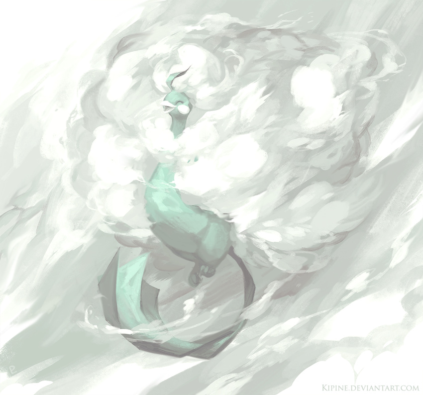 altaria animal animal_focus beak bird blending blue_feathers closed_eyes cloud_hair clouds english_commentary feathers fluffy from_side full_body highres kipine mega_altaria mega_pokemon no_humans open_mouth pokemon pokemon_(creature) solo solo_focus