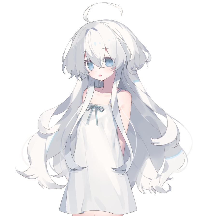 1girl arms_behind_back asphyxia17 bare_shoulders blue_eyes collarbone dress hair_between_eyes highres long_hair looking_at_viewer open_mouth original ribbon simple_background sleeveless solo white_background white_dress white_hair