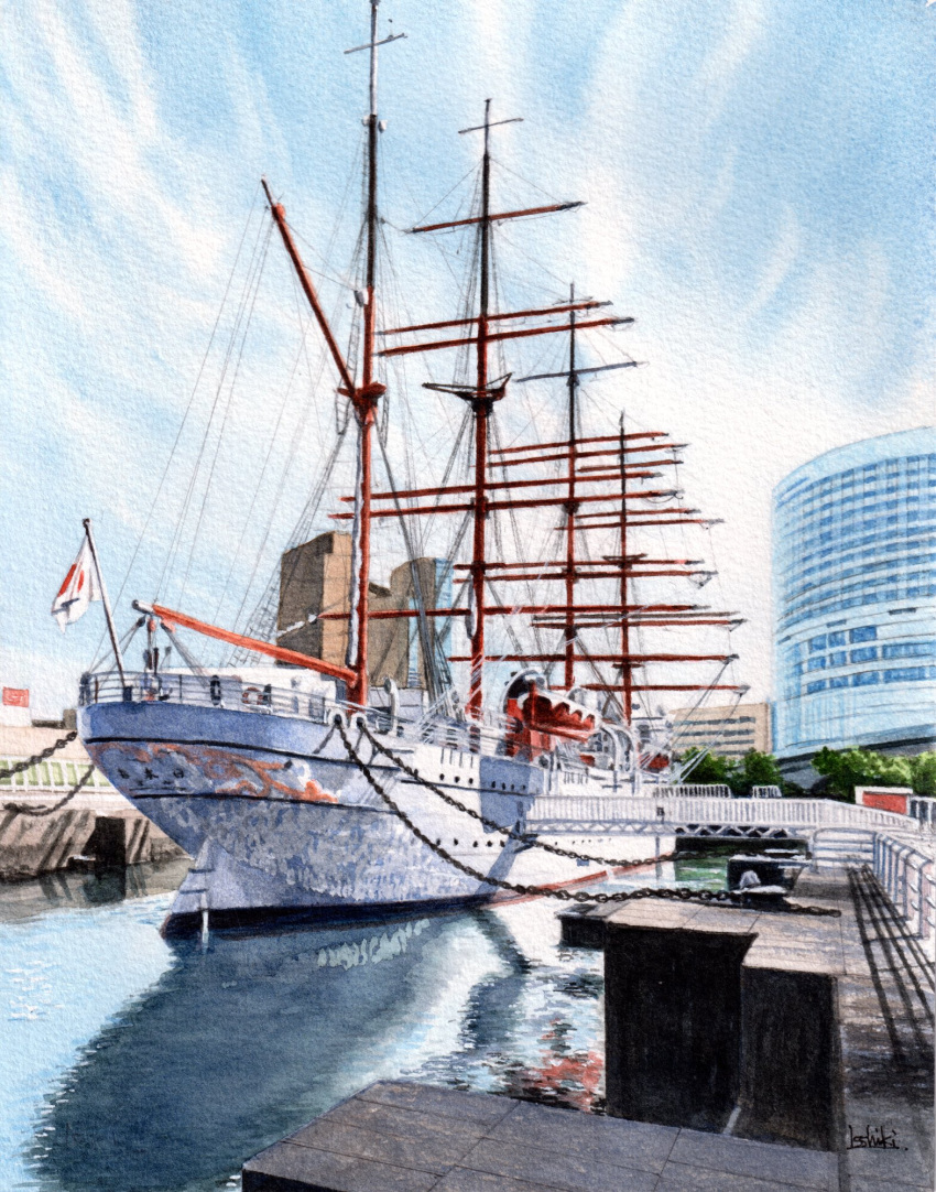 blue_sky building chain chained city clouds cloudy_sky day harbor highres no_humans office original painting_(medium) scenery ship shore sketch sky toirom_pmxh traditional_media watercolor_(medium) watercraft window yokohama