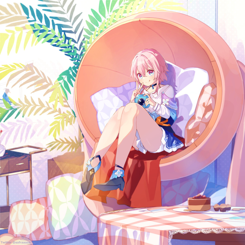 1girl absurdres ankle_boots bare_legs black_choker black_footwear blue_eyes blue_skirt boots cake camera chair choker closed_mouth commentary egg_chair food full_body hair_between_eyes hands_up high_heel_boots high_heels highres holding holding_camera honkai:_star_rail honkai_(series) indoors long_sleeves looking_at_viewer march_7th_(honkai:_star_rail) medium_hair miniskirt muffin pillow pink_eyes pink_hair shirt sitting skirt smile sofra solo symbol-only_commentary table tablecloth tongue tongue_out two-tone_eyes v white_shirt