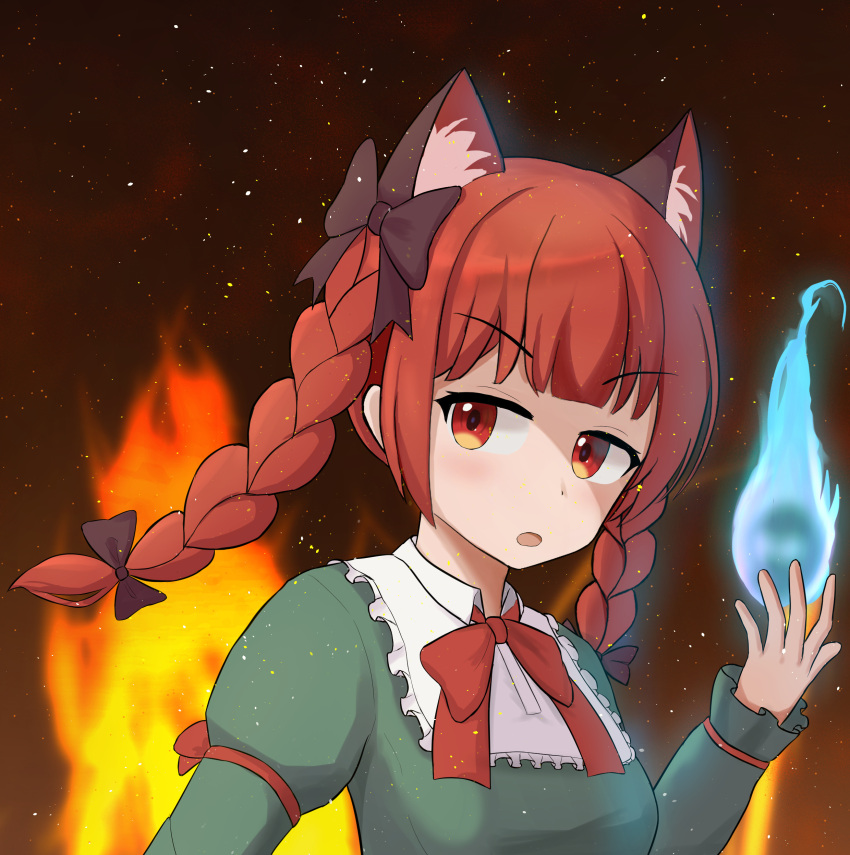 1048334293 1girl absurdres animal_ear_fluff animal_ears black_background blunt_bangs bow bowtie cat_ears commentary extra_ears fire highres hitodama kaenbyou_rin long_sleeves looking_at_viewer open_mouth red_bow red_bowtie red_eyes redhead simple_background solo touhou upper_body
