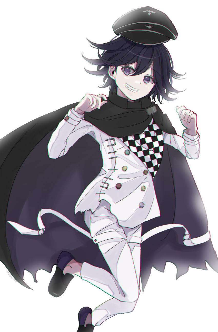 1boy absurdres black_cape black_footwear black_hair black_headwear buttons cape checkered_clothes checkered_scarf danganronpa_(series) danganronpa_v3:_killing_harmony double-breasted flipped_hair fuyu_ko grin hair_between_eyes hands_up highres jacket long_sleeves oma_kokichi pants purple_cape purple_footwear scarf shoes simple_background smile solo teeth torn_cape torn_clothes white_background white_jacket white_pants