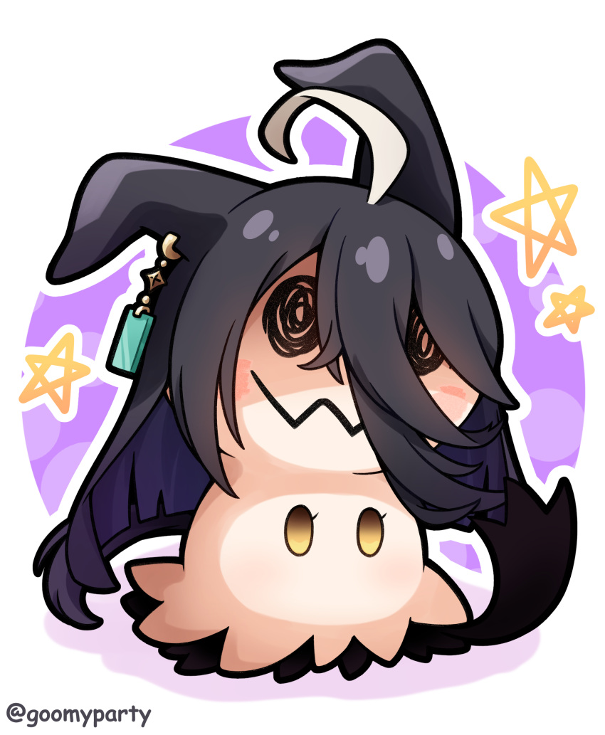 ahoge animal_ears black_hair brown_eyes closed_mouth colored_shadow commentary_request fusion goom_(goomyparty) hair_between_eyes halftone halftone_background highres horse_ears manhattan_cafe_(umamusume) mimikyu multicolored_hair outline pokemon pokemon_(creature) shadow solo star_(symbol) twitter_username two-tone_hair umamusume white_background white_hair white_outline