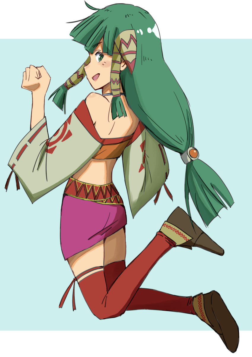 1girl absurdres feena_(grandia) full_body grandia grandia_i green_eyes green_hair hair_ornament hair_tubes haldeco highres jewelry long_hair looking_at_viewer low-tied_long_hair midriff open_mouth simple_background skirt smile solo thigh-highs wide_sleeves