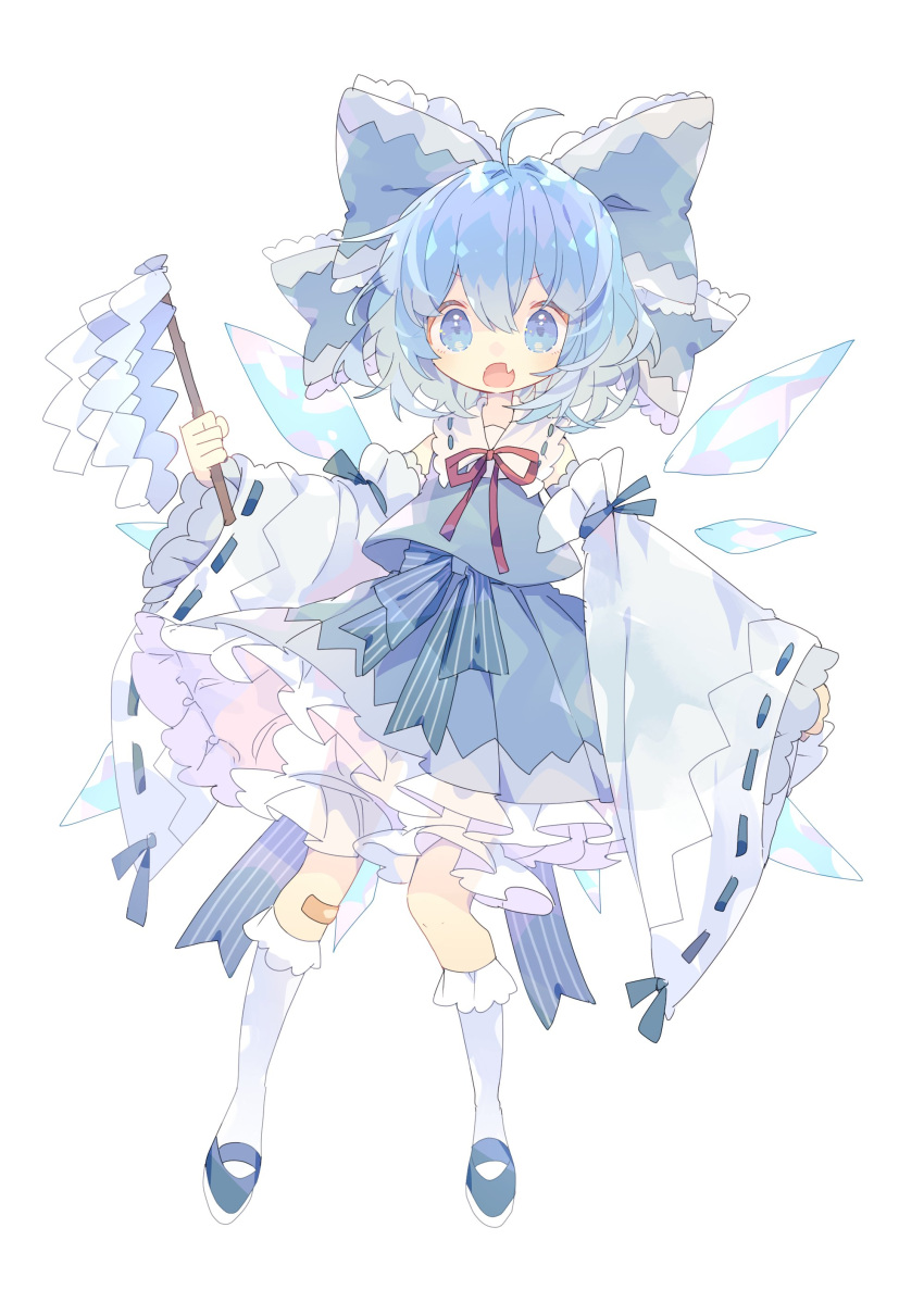 1girl absurdres adapted_costume ahoge bandaid bandaid_on_knee bandaid_on_leg blue_bow blue_eyes blue_footwear blue_hair bow cirno detached_sleeves fang full_body gohei hair_between_eyes hair_bow highres holding holding_gohei japanese_clothes nikorashi-ka nontraditional_miko open_mouth ribbon-trimmed_sleeves ribbon_trim shoes short_hair simple_background skin_fang socks solo touhou white_background white_sleeves white_socks wide_sleeves