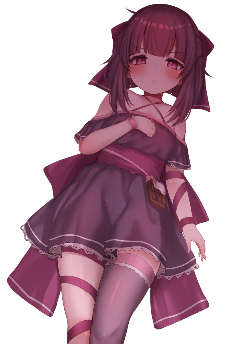 1girl arm_ribbon bare_shoulders blush chocolate choker commentary dress english_commentary fallenshadow flat_chest food-themed_ornament highres indie_virtual_youtuber john_zhang leg_ribbon looking_at_viewer off-shoulder_dress off_shoulder pink_eyes pout purple_dress purple_hair ribbon short_hair simple_background single_thighhigh single_wrist_cuff solo thigh-highs virtual_youtuber white_background wrist_cuffs wrist_ribbon