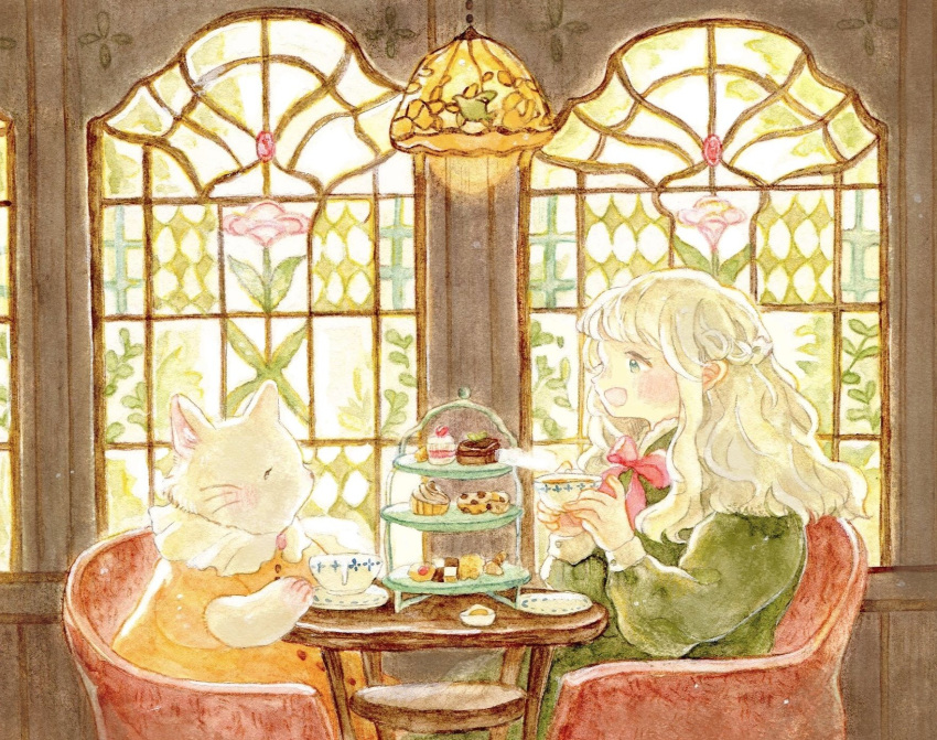 blonde_hair bow bowtie cat cup dress food green_dress green_eyes highres holding holding_cup long_hair long_sleeves oniheya_53 open_mouth original painting_(medium) plate red_bow red_bowtie sitting table tea traditional_media watercolor_(medium) white_cat window