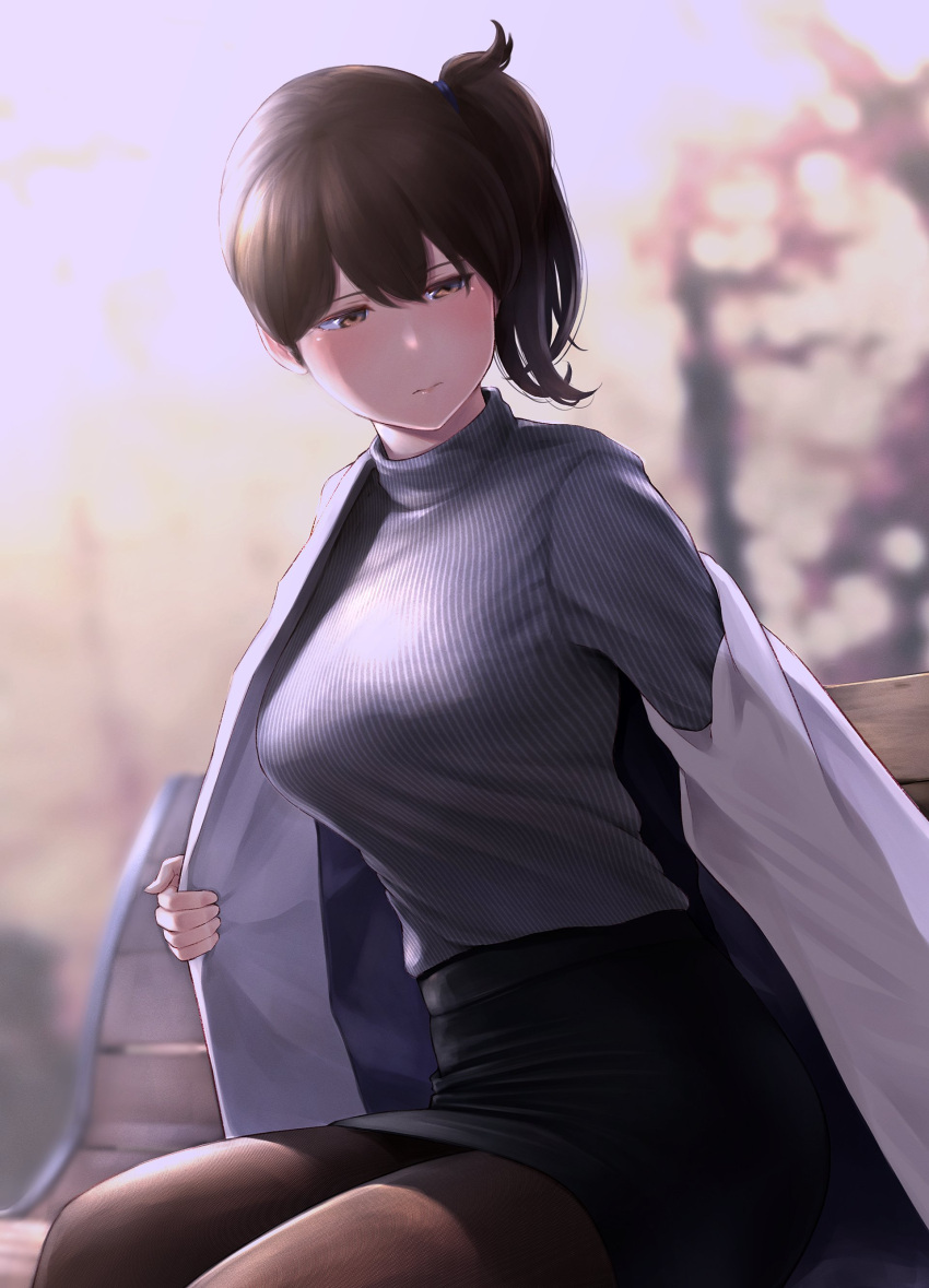 1girl absurdres alternate_costume bench black_skirt blurry blurry_background breasts brown_eyes brown_hair brown_pantyhose coat grey_sweater hair_between_eyes highres kaga_(kancolle) kantai_collection large_breasts outdoors pantyhose park_bench pencil_skirt removing_coat revision ribbed_sweater side_ponytail sitting_on_bench skirt solo sweater sweater_tucked_in wa_(genryusui) white_coat
