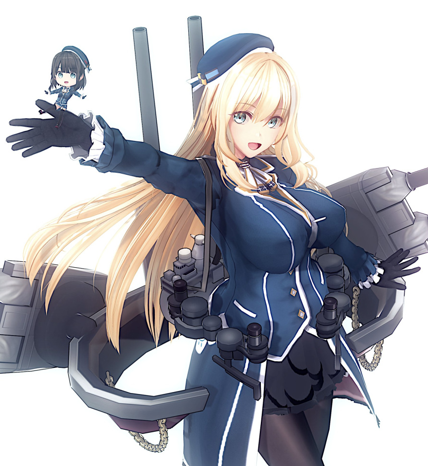 2girls :d ascot atago_(kancolle) beret black_choker black_gloves black_hair black_skirt blonde_hair blue_coat blue_eyes blue_headwear blunt_bangs breasts cannon chibi choker coat commentary_request frilled_sleeves frills gloves gr_sword hair_between_eyes hat highres kantai_collection large_breasts long_hair long_sleeves looking_at_viewer military_uniform multiple_girls open_mouth outstretched_arms pantyhose rigging short_hair simple_background skirt smile standing standing_on_one_leg takao_(kancolle) thigh-highs turret uniform waist_cape white_background